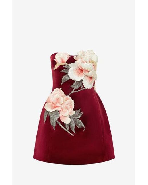 LEO LIN Red Rosanne Velvet Appliqué Floral Bustier Mini Dress