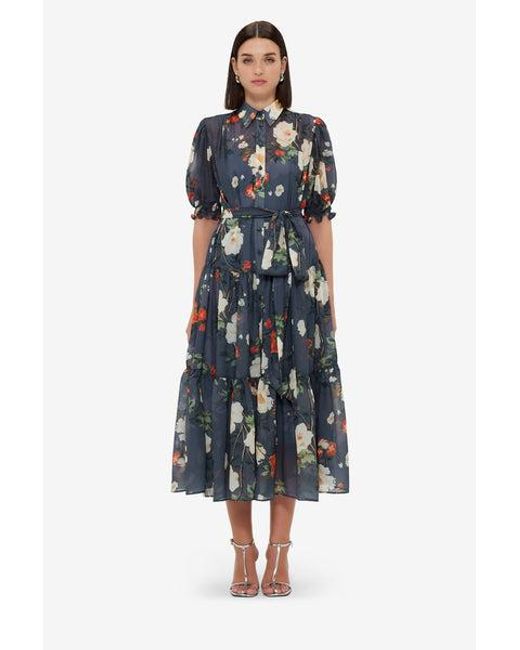 LEO LIN Blue Ellie Bishop Sleeve Midi Dress