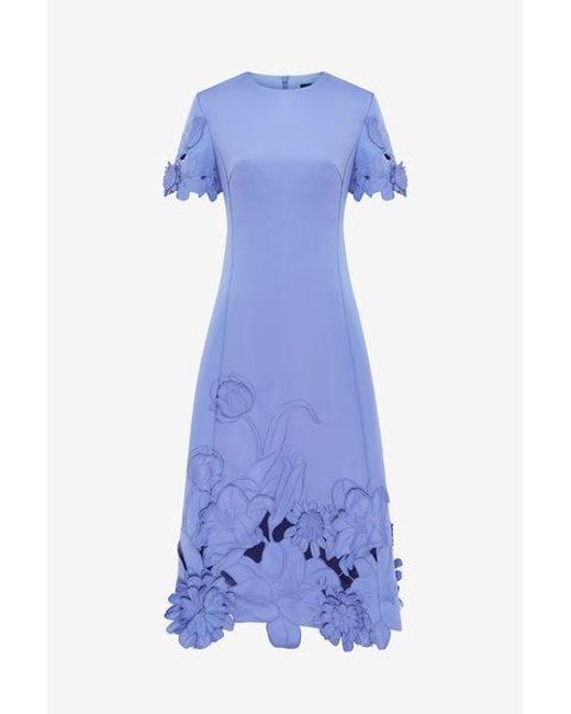 LEO LIN Blue Caroline Appliqué Short Sleeve Midi Dress