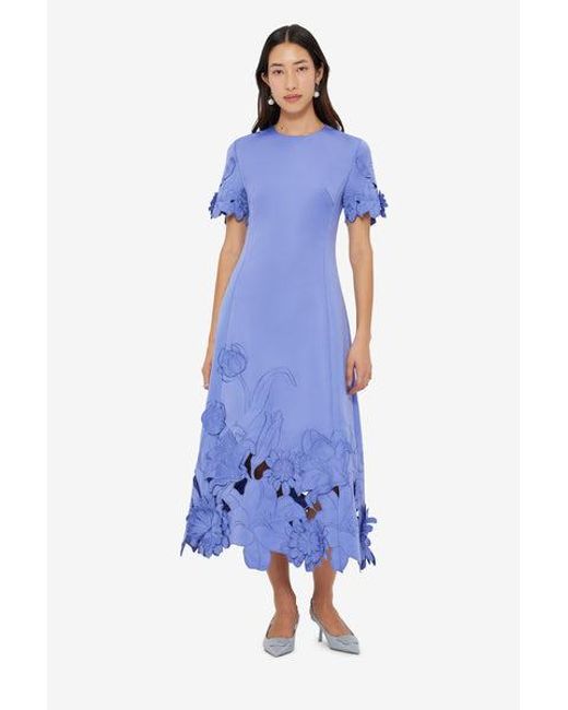 LEO LIN Blue Caroline Appliqué Short Sleeve Midi Dress