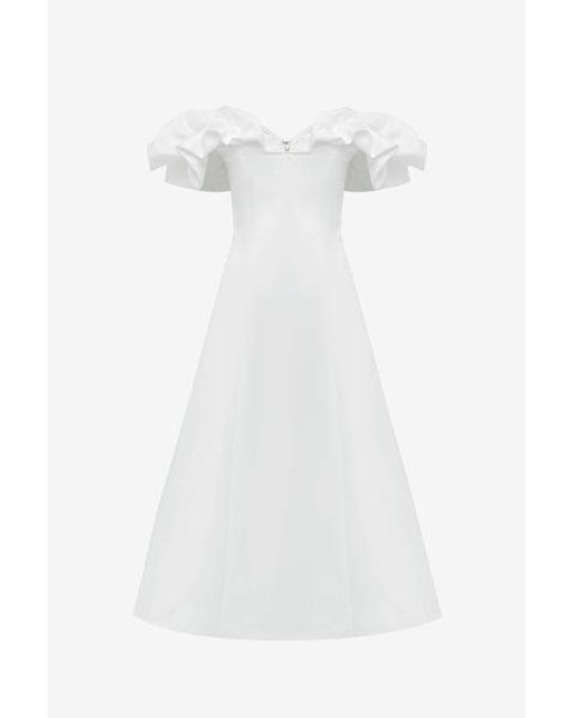 LEO LIN White Annie Off Shoulder Frill Midi Dress
