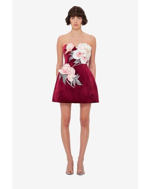 LEO LIN Red Rosanne Velvet Appliqué Floral Bustier Mini Dress