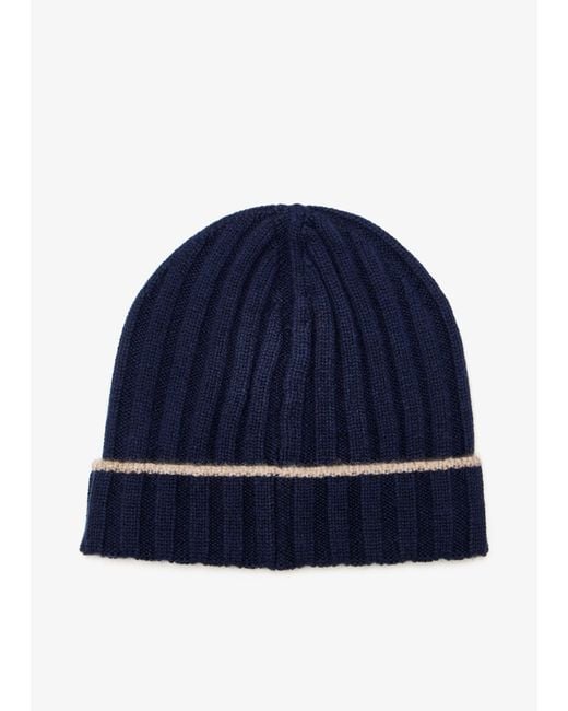 Brunello Cucinelli Blue Cashmere Rib-Knit Beanie for men