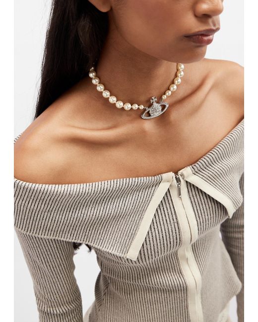 Vivienne Westwood White One Row Pearl Bas Relief Choker
