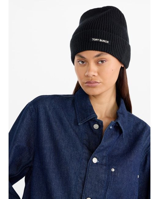 Tory Burch Black Ribbed Knit Beanie