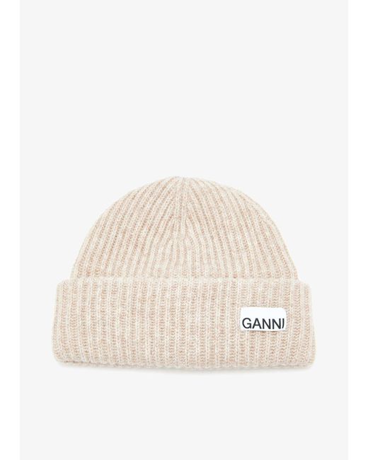 Ganni Natural Loose Wool Rib Knit Beanie