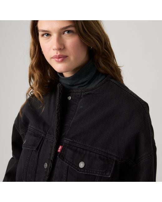 Levi's Black Collarless Cropped Sherpa Trucker Jacket