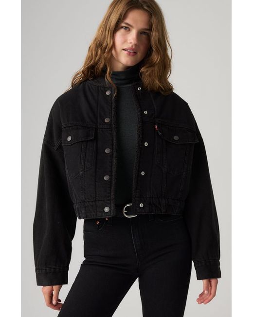 Levi's Black Collarless Cropped Sherpa Trucker Jacket