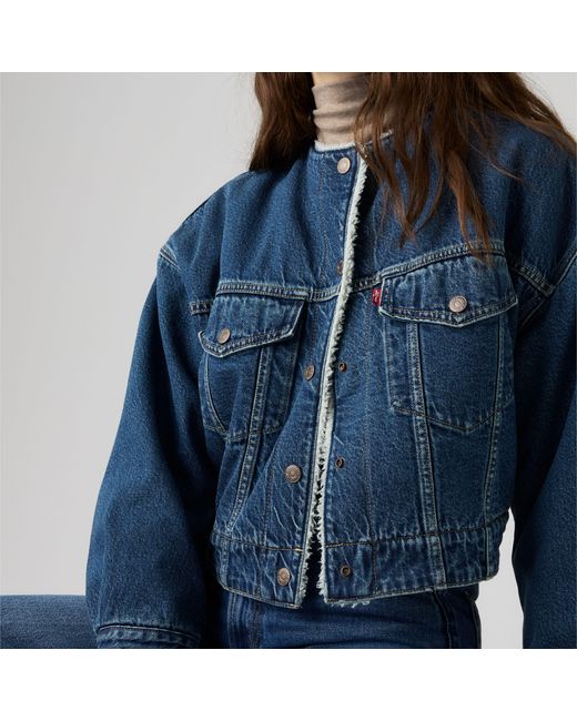 Levi's Blue Collarless Cropped Sherpa Trucker Jacket