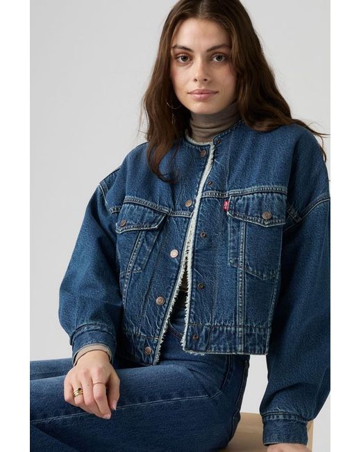 Levi's Blue Collarless Cropped Sherpa Trucker Jacket