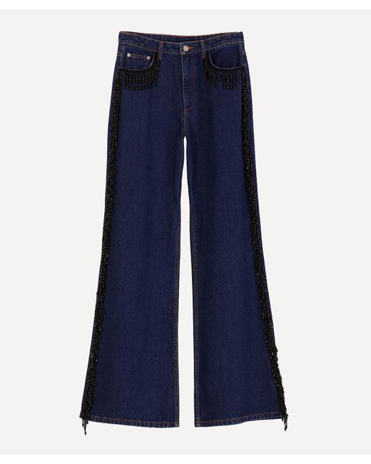 Farm Rio Blue Women's Fringe Beaded Wide Jeans 24