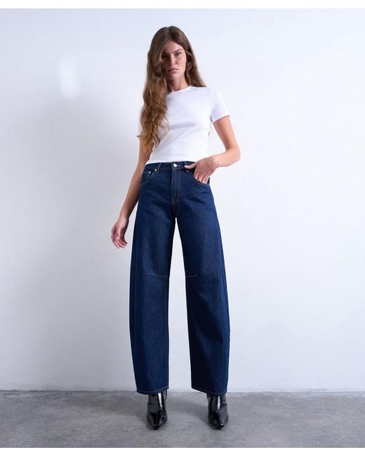 TOPSHOP Women's Blue Barrel Mid Rise Jeans