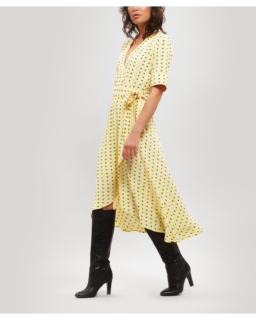 Ganni Yellow Printed Crepe Midi Wrap Dress