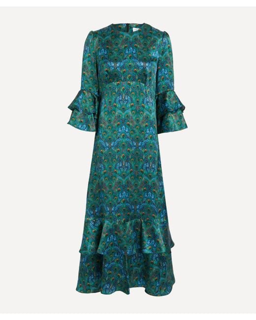 Liberty Women's Peacock Manor Silk Satin Gala Dress - Green/m Peacock Print Ankle Length Dress Pagoda Sleeves