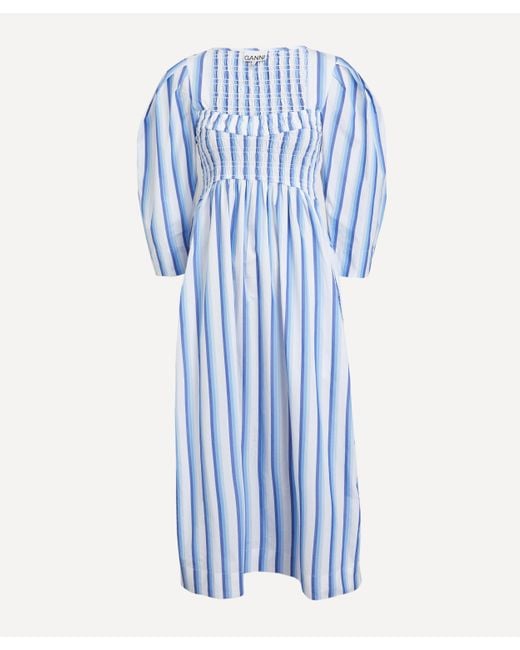 Ganni Blue Women's Striped Cotton Smock Long Dress 6