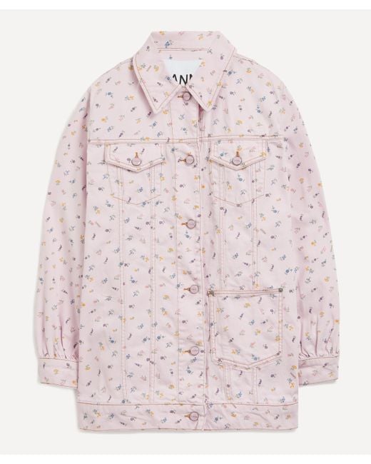 Ganni Pink Women's Oversized Floral Print Denim Jacket S-m