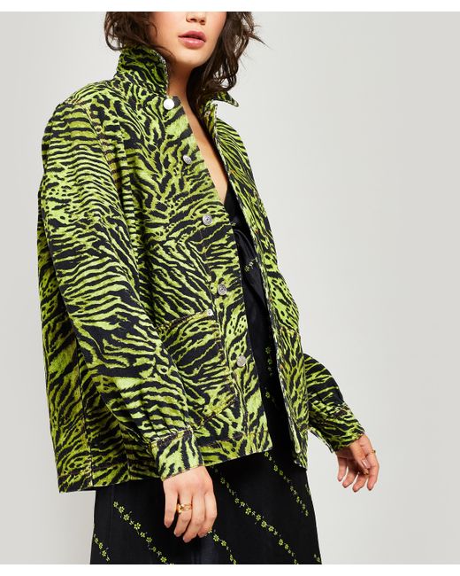 Ganni Green Tiger Print Denim Jacket
