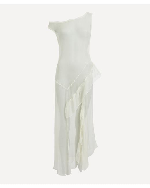 Paloma Wool White Women's Fox Sheer Silk Dress - Xs Midi Length Asymmetric Ruffle Dress Whimsy Summer Dress