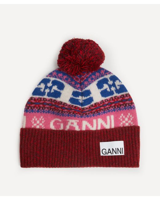 Ganni Red Women's Graphic Wool Beanie One Size