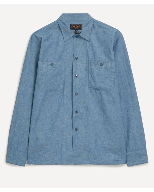 Beams Plus Blue Mens Mil Open Collar Chambray Shirt for men