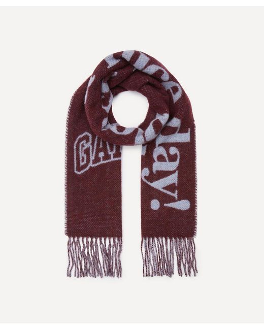 Ganni Red Have A Nice Day Wool Fringed Scarf