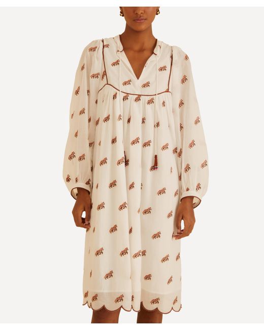 Farm Rio Natural Women's Off-white Embroidered Horses Ruffled Midi-dress