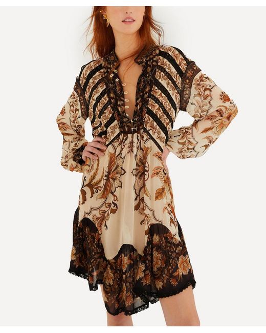 Farm Rio Brown Majestic Garden Lace Long-Sleeve Mini Dress