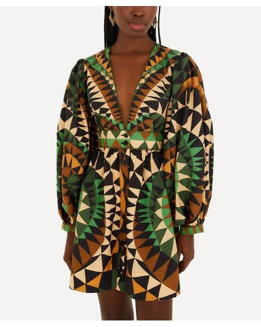 Farm Rio Green Heart Deco Puff-Sleeve Mini Dress