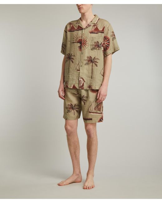 Desmond & Dempsey Multicolor Mens Nautical Journey Green / Brown Linen Cuban Pyjama Set Xl for men