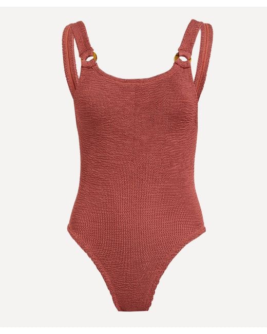 Hunza G Red Women's Domino Crinkle Swimsuit With Tonal Hoops One Size