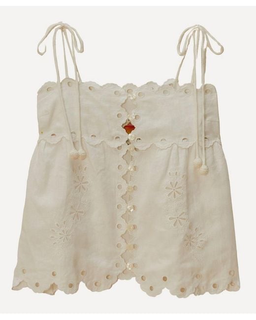 Farm Rio Natural Off- Flowers Richelieu Linen Sleeveless Blouse