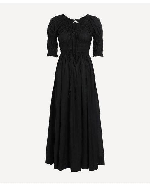Doen Black Ischia Shirred Cotton-Voile Midi Dress