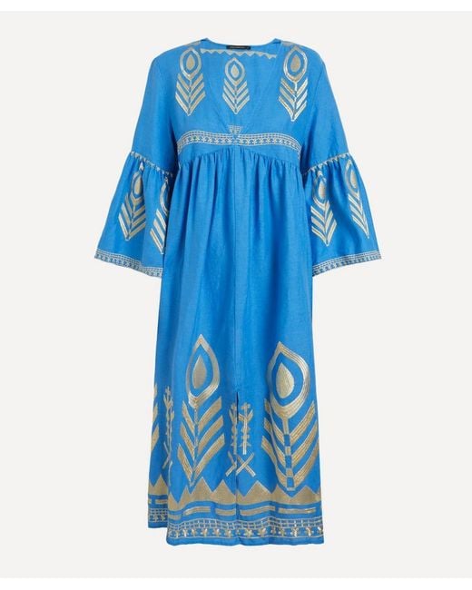 Kori Blue Feather Linen Midi Dress