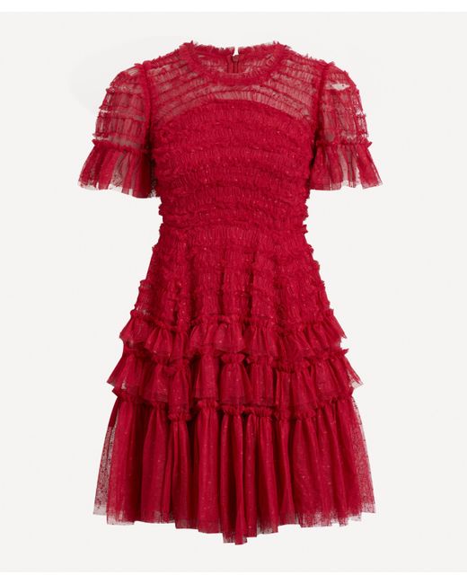 Needle & Thread Tulle Valentine Ruffle Mini-dress in Deep Red (Red) | Lyst