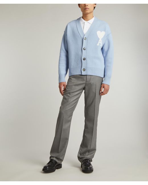 AMI Blue Off-white De Coeur Wool Cardigan S for men