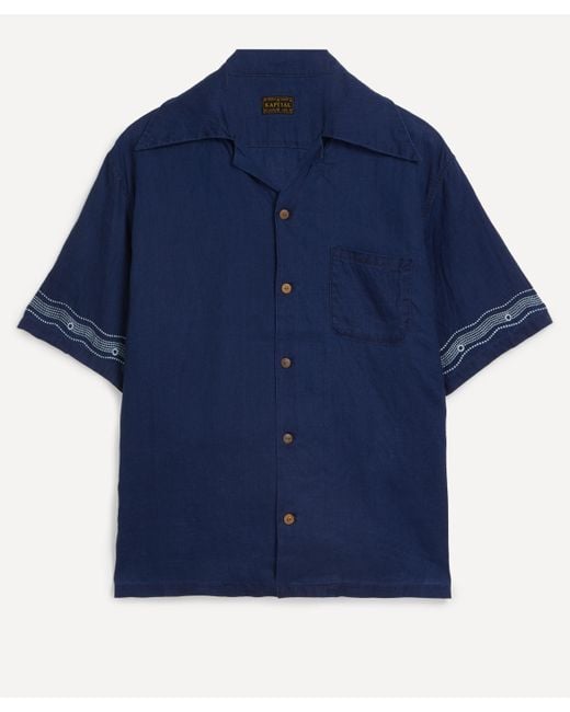 Kapital Blue Mens French Cloth Linen Wrangle Collar Aloha Shirt Soufflemon 5 for men
