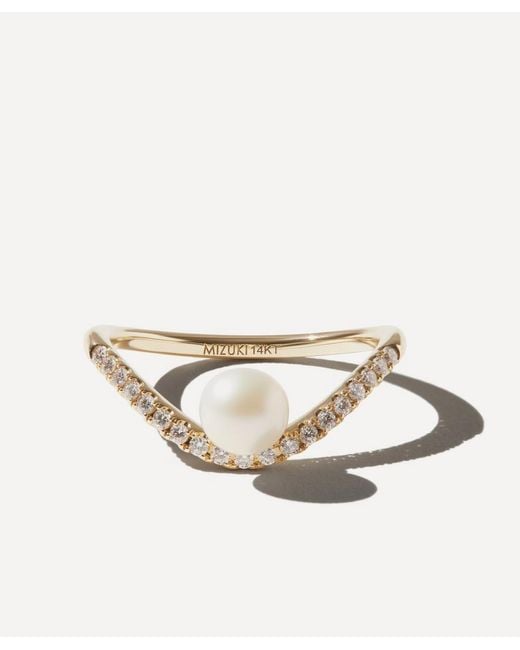 Mizuki White 14Ct Diamond And Pearl Curve Ring