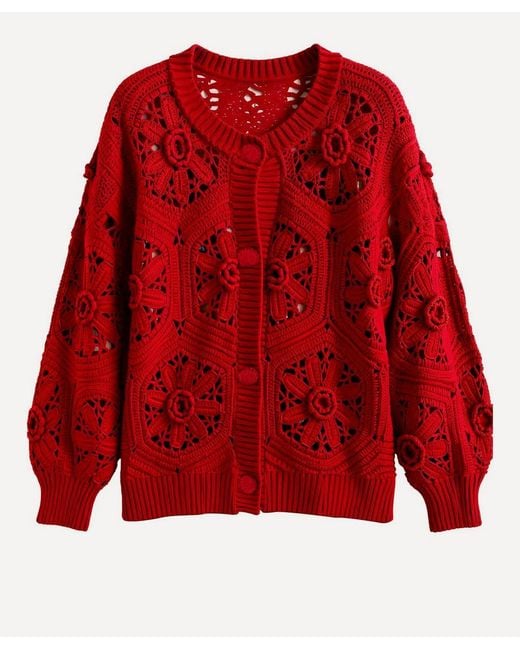 Farm Rio Red Crochet Flower Knit Cardigan