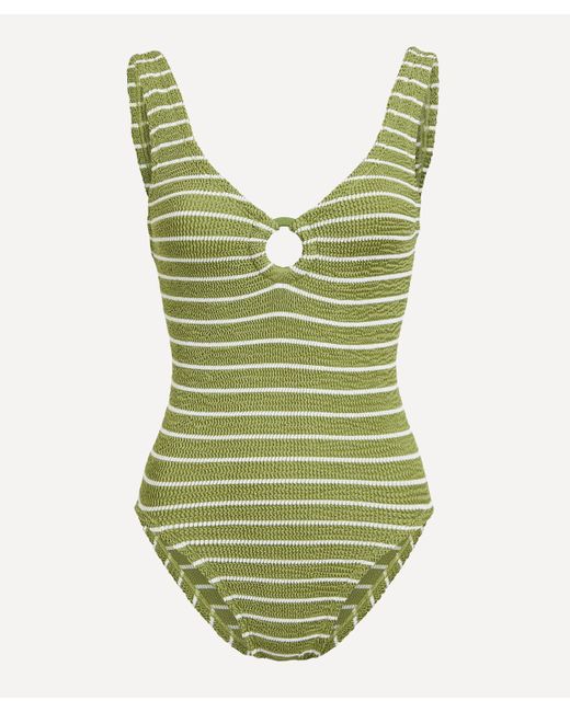 Hunza G Green Women's Metallic Striped Celine Swimsuit With Tonal Hoops One Size