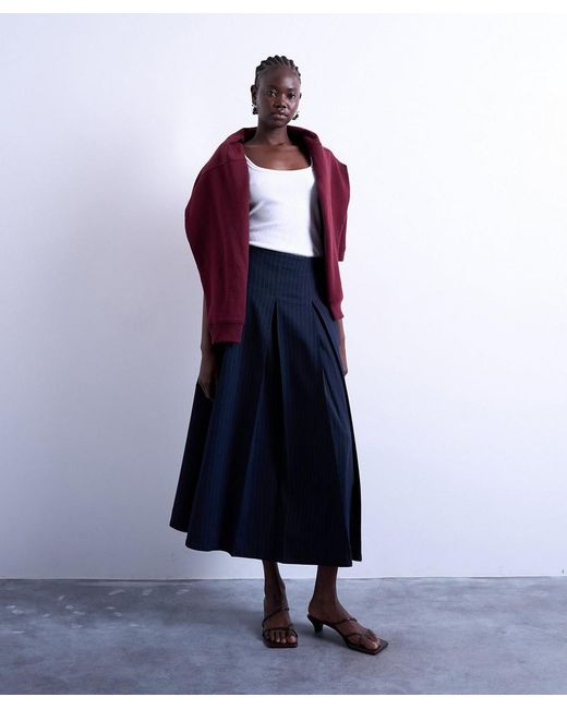 TOPSHOP Pleated Rust Stripe Midi Skirt in Blue Lyst