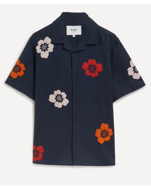 Wax London Blue Mens Didcot Short-sleeve Applique Floral Shirt for men