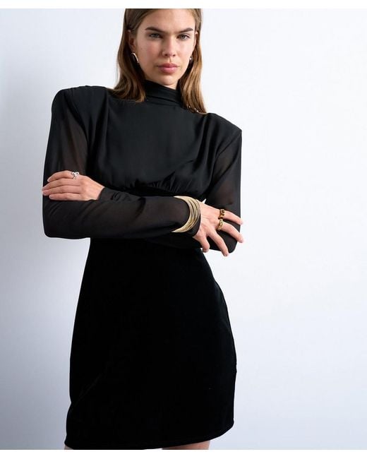 TOPSHOP Black Long Sleeve Velvet And Chiffon Mix Mini Dress