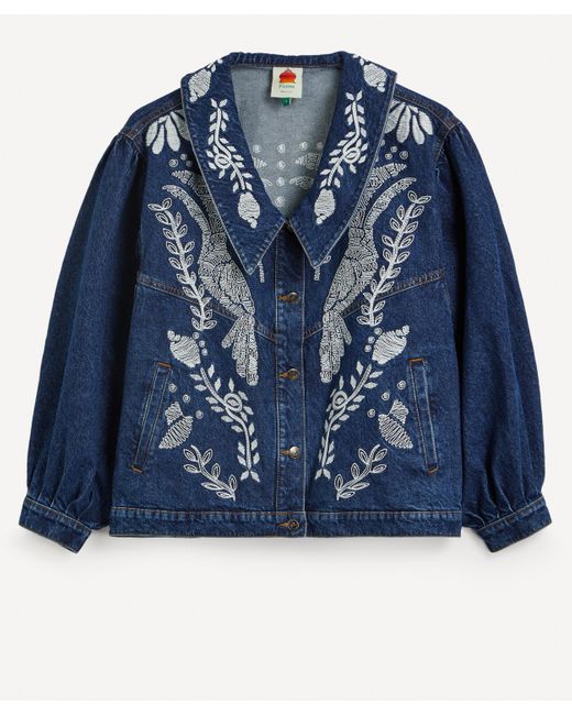 Farm Rio Blue Women's Jungle Flow Embroidered Denim Jacket Xl