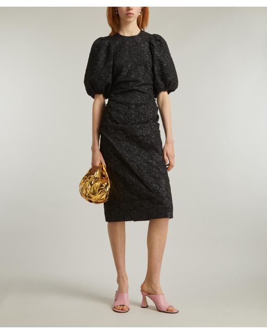 Ganni Women's Black Jacquard Puff-sleeve Midi Dress 6