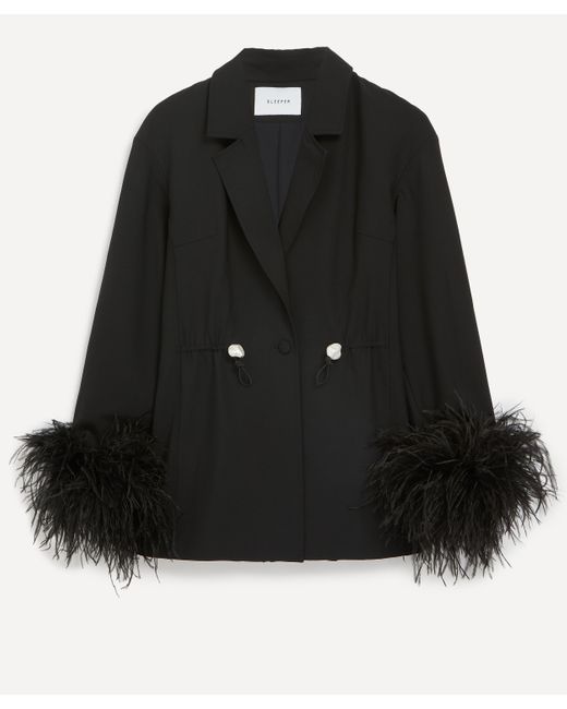 Sleeper Black Women's Girl With Pearl Button Feathered Blazer