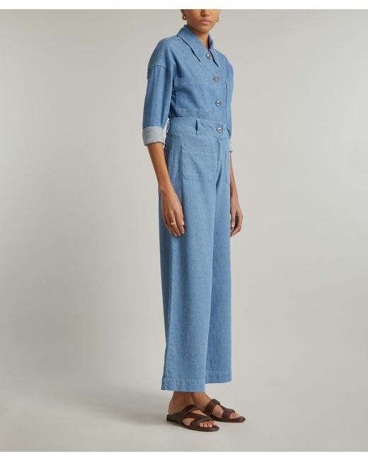 Sessun Blue Women's Manhatti Cotton-linen Chambray Twill Flared Trousers 8