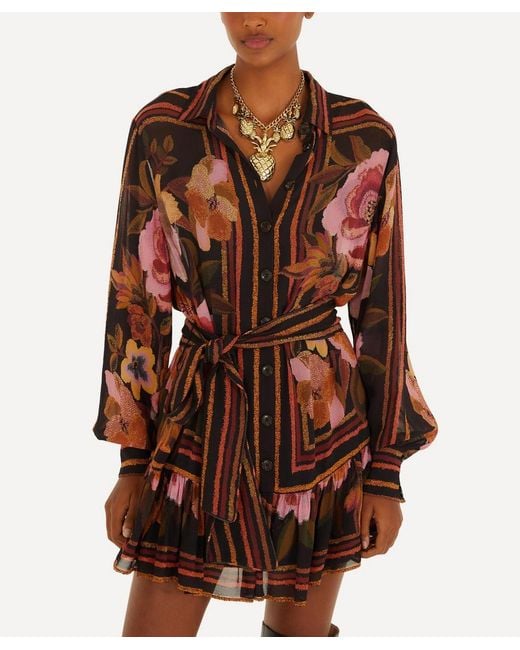 Farm Rio Brown Chenille Flowers Belted Long-Sleeve Mini Dress