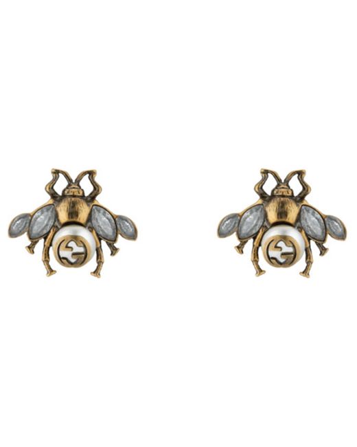 Gucci Metallic Bee Crystal And Pearl Embellished Earrings