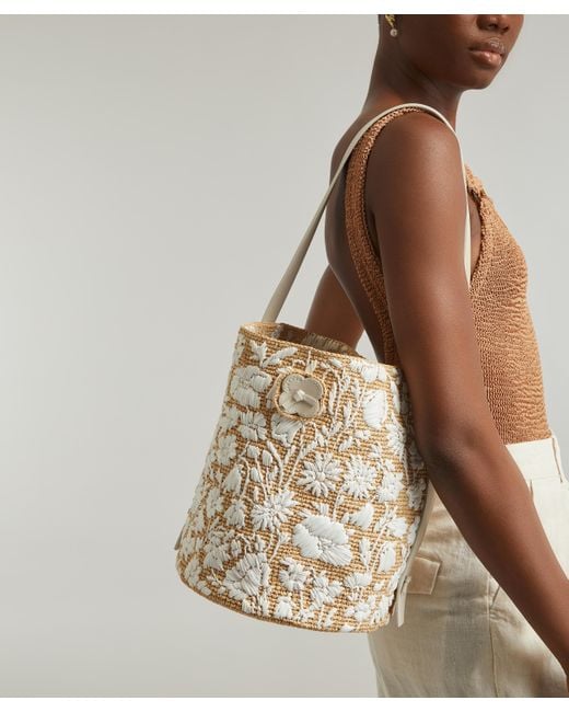 Liberty White Women's Raffia Medium Antana Embroidered Bucket Bag One Size