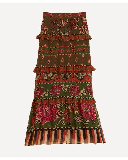 Farm Rio Brown Women's Multicolour Ainika Floral Garden Tiered Maxi Skirt